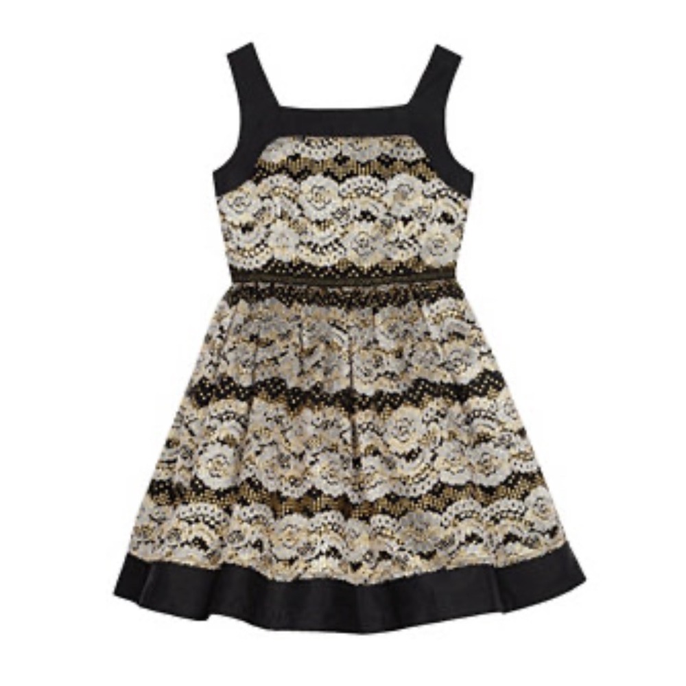 Belle Badgley Mischka Girls Black Gold Silver Lace Sequin Party Dress Size 12